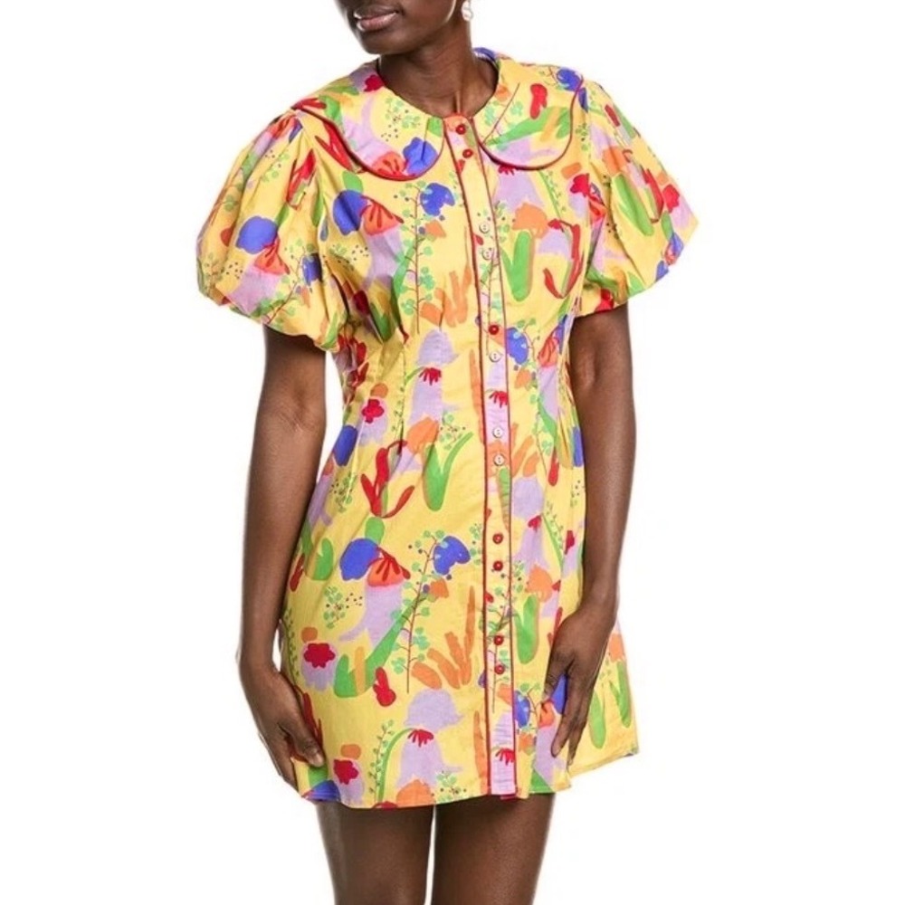 GIGIO Floral Mini Dress Large Yellow Collared Clowncore Maximalist Dopamine‎
